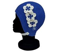 Blue Reef Riga Bubble Single Solid Colour Floral Ladies Classic Retro 3 Flower 2 Colour Trio 3D Petal Stylish Vintage Swimming Hat Swim Cap One Size Adults With Adjustable Strap (Navy Blue)