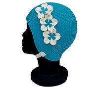Blue Reef Riga Bubble Single Solid Colour Floral Ladies Classic Retro 3 Flower 2 Colour Trio 3D Petal Stylish Vintage Swimming Hat Swim Cap One Size Adults With Adjustable Strap (Teal)