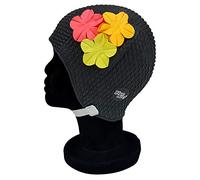 Blue Reef Rome Bubble Single Colour Floral Ladies Classic Retro 3 Flower Bunch 3D Petal 3 Tropical Colours Stylish Vintage Swimming Hat Swim Cap One Size Adults With Adjustable Strap (Black)