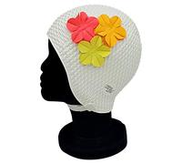 Blue Reef Rome Bubble Single Colour Floral Ladies Classic Retro 3 Flower Bunch 3D Petal 3 Tropical Colours Stylish Vintage Swimming Hat Swim Cap One Size Adults With Adjustable Strap (White)