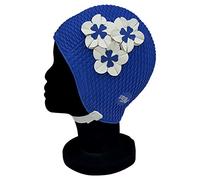 Blue Reef Seoul Bubble Single Colour Floral Ladies Classic Retro 3 Flower 2 Colour Trio Of 3D Petal Stylish Vintage Swimming Hat Swim Cap One Size Adults With Strap (Blue/White)