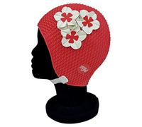 Blue Reef Tokyo Bubble Single Colour Floral Ladies Classic Retro 3 Flower 2 Colour Trio Of 3D Petal Stylish Vintage Swimming Hat Swim Cap One Size Adults With Adjustable Strap (Red/White)