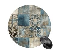 Blue Retro Pattern Mouse Pad - Ultra Thin, 7.8 Inch Round Mousepad with Non-Slip Rubber Base, Waterproof Mouse Mat for Office, Gaming
