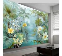 Blue Retro Tropical Jungle Flowers Plants Non-Woven 3D Decorative Wallpaper, Paste the Wall Mural Large Photo Wall Coverings, Easy to Apply for Living Room Bedroom Feature Wall 350 x 256 cm