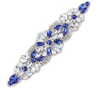 Blue Rhinestone Diamante Belt Applique Sew Iron on Crystal Bridal Wedding Dress Sash Jeweled Patch for Bride Bridesmaid Gown Women Prom Formal Belt Clothes Embellishments