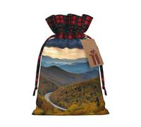 Blue Ridge Parkway Mountains Christmas Drawstring Linen Gift Bag Paired With Scottish Plaid Fabric, With A Delicate And Simple Texture