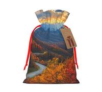 Blue Ridge Parkway Mountains Printed Christmas Drawstring Bags Reusable Bag for Party Xmas Gift Wrapping, Red Ribbon, M
