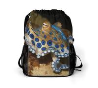 Blue Ring Octopus Sports Drawstring Backpack,Packsack with Shoe Compartment And Wet Proof Pocket for Youth