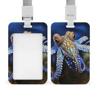 Blue Ringed Octopus Badge Holders with Push-Pull Slot&Lanyard Waterproof Plastic Vertical Work ID Card Holder Portable Travel Document Protector Detachable Card Protector
