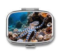 Blue - Ringed Octopus Pill Box 2 Compartment Square Metal Pill Organizer Portable Mini Travel Medicine Case with Mirror Cute Medicine Container Holder for Pocket Purse
