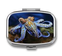 Blue Ringed Octopus Pill Box, 2 Compartments, Decorative Metal Pocket or Purse Case, Portable Medicine Box, Pill Organizer for Vitamins and Fish Oils