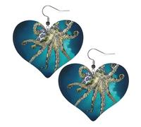 Blue Ringed Octopus Prints Leather Heart earrings Pendant Stylish and light Lightweight Dangle for Women Girls, One Size, Leather, No Gemstone