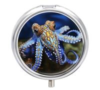 Blue Ringed Octopus Small Pill Case Round Weekly Pills Organizer with Mirror 3 Compartments Portable Travel Daily Pills Container Cute Pill Box for Fish Oil Supplement