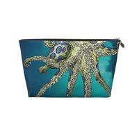 Blue Ringed Octopus Womens Makeup Bag Leather Travel Toiletry Organizer Wash Bag Cosmetic Pouch with Zipper Girls Handbag Gold