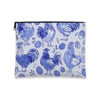 Blue Rooster Makeup Bag, Vintage Farmhouse Animal Cosmetic Travel Pouch for Women, Portable Zipper Organizer with Chickens and Eggs Pattern, Spring Festival Gift Toiletry Bag, blue, 7x9 Inch, Rooster