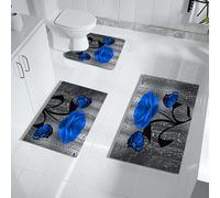 Blue Rose Bathroom Mat Set, 3-Piece, Flowers and Butterflies with Droplets on Darkness, Thin Rubber Diatomaceous Earth, Quick-Drying, Bath Mat, Floor Mat with U-Shaped Contour, Toilet Mat