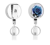Blue Rose Blooms Badge Holder with Retractable Reel, Stainless Steel Badge Clip, Heavy Duty ID Card Holder for Work, Nurse, Teacher & Security