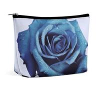 Blue Rose Blooms Makeup Bag, Portable PU Leather Cosmetic Bag with Zipper Pouch, Waterproof Travel Toiletry Bag for Women Men