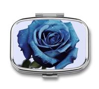 Blue Rose Blooms Pill Case for Travel, Rectangle Metal Pill Organizer with 2 Compartments, Portable Daily Medicine Box for Purse, Wallet