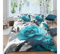 Blue Rose Duvet Cover Sets Watercolor Small Single Bedding Set with Zipper Closure, Soft Microfiber Quilt Cover with 2 Pillowcases 40x60cm QH2930