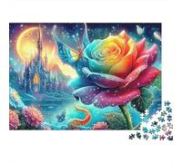 Blue Rose Fantasy 1000 Piece Relaxation Puzzle for Adults Glowing Rose Under Moonlit Sky Premium Thick Sturdy Challenging Stress Relief 52x38cm/1000pcs