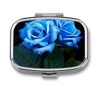 Blue Rose Flowers Pill Box 2 Compartments Portable Travel Pill Case Mini Medicine Organizer for Pocket Purse Metal Waterproof Medicine Container Holder Vitamin Fish Oil