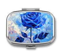 Blue Rose Geometric Mosaic Flower Pill Box 2 Compartment Portable Medicine Pill Case Travel Pill Organizer for Pocket Purse
