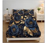 Blue Rose Gold Leaf Bedding Fitted Sheet King, Surrealism Fitted Sheet Extra Deep Pocket 30 Cm Soft Microfiber Breathable Bed Sheets 150x200x30cm, Navy