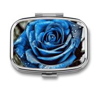 Blue Rose Pill Box, 2 Compartments Portable Travel Pill Box with Mirror Square Metal Medicine Storage Box Medicine Box for Vitamins and Oil