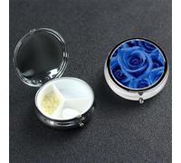 Blue Rose Pill Box 3 Compartment Round Portable Pill Case for Pocket or Purse Pill Holder Weekly Pill Organizer Decorative Metal Medicine Vitamin Organizer Travel Gift