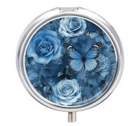 Blue Rose Pill Box 3 Compartment Travel Pill Organizer 3 Times A Day Cute Mini Pill Case for Purse & Pocket Portable Metal Medicine Box with Mirror Round Daily Medicine Vitamin Container