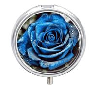 Blue Rose Pill Box Medicine Pill Organizer 3 Compartment Daily Pill Case Small Pill Container Round Pill Holder Travel Pill Box Metal Pill Case for Purse Pocket