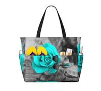 Blue Rose Print Large Waterproof Beach Tote Bag for Women with Zip and Pockets Foldable Handbag for Travel Pool Shopping Holiday Gym