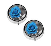 Blue Rose Round Pill Box Compact 3 Compartment Metal Pill Organizer with Print Design, Portable Travel Medication Case for Daily
