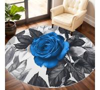 Blue Rose Round Rugs for Bedroom, Gray Floral Circle Rug 150cm, Withered Flowers Rug, Non Slip Round Rugs for Living Room Dining Beneath the Furniture