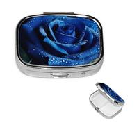 Blue Rose Square Metal Pill Box 2 Compartment Cute Travel Pill Organizer Case Portable Medicine Vitamin Organizer Pill Case for Women Men Travel Unique Gift