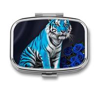 Blue Rose Tiger Pill Box, 2 Compartment Medicine Pill Case, Portable Pill Organizer for Pocket Or Purse Decorative Metal Medicine Vitamin Organizer