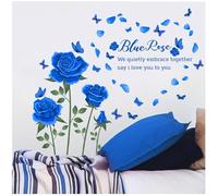 Blue Rose Wall Stickers with Butterflies & Petals, Peel and Stick Floral Wall Decal DIY Vinyl Mural Art, Blue Floral Rose Wall Decor for Bedroom Living Room Sofa Backdrop