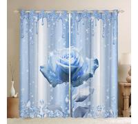 Blue Rose Window Curtains Blue Glitter Diamond Print(No Glitter) Window Treatments, 3D Blue Rose Flower Window Drapes for Kids Girls, Grommet Top 2 Panel Set Bedroom Curtains, 46Wx54L inch
