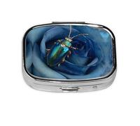 Blue Rose with Jewel Beetle Print Pill Box 2 Compartment Medicine Pill Case,Portable for Pocket Or Purse Pill Box Decorative Metal Medicine Organizer
