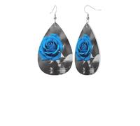 Blue Roseprint Leather Earring Stylish Waterdrop Shaped Dangle Earrings With Double Sided Print, Pvc Leather 925 Silver Plated Hooks For Womenâ€™s Fashion Holiday Party Gift