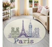 Blue Round Area Rug 120 cm, Modern Minimalist Eiffel Tower Architecture Pattern, Washable & Non-Shedding Low Pile Circular Carpet for Travelers, Dining Room and Bedroom