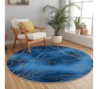 Blue Round Area Rugs for Living Room - Soft Flanell Material, Simple Golden Crackle Printed Easy Care Low Pile Carpet, 100 cm Washable Non Slip Circle Rug for Dining Room Lounge Kitchen
