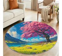 Blue Round Children's Rug, 150 cm Soft Dreamy Romantic Cherry Blossom Tree Floral Carpet - Machine Washable Non-Slip Floor Circle Mats for Master Bedroom Relaxation Corner