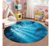 Blue Round Rug 150 cm, Fantasy Jungle Palm Tree Pattern, Soft Washable Low Pile Area Carpet, Non-Slip & Non-Shedding for Bedroom Nature Lovers