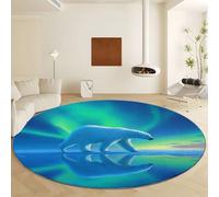 Blue Round Rugs Diameter 60 cm Machine Washable, Soft Low-Pile Indoor Circle Carpets with Non-Slip Backing - Surrealism Northern Lights Bear Animal for Living Room Bedroom Kitchen Nursery