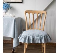 Blue Ruffled Chair Cushion 18x18 Inch with Ties -Linen Vintage Farmhouse Seat Pad for Dining Chairs, Country Cottage Style
