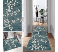 Blue Runner Rug Long Vintage Hallway Runner Non-Slip Washable 70 x 240 cm Modern Leaf Pattern Durable Runner Rug Runner Kitchen Corridor Polyester Adjustable Sold by the Metre