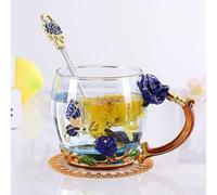 (blue, S) Exquisite 3D Coffee Tea Glass Enamel Cups Butterfly Rose Tea Cup Carved Flower Cup