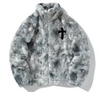 (Blue, S) Men"s Rabbit Fur Jacket Coats Hip Hop Cross Letters Winter Fleece Jacket Streetwear Casual Harajuku Coat Zip Up Fashion Outwear